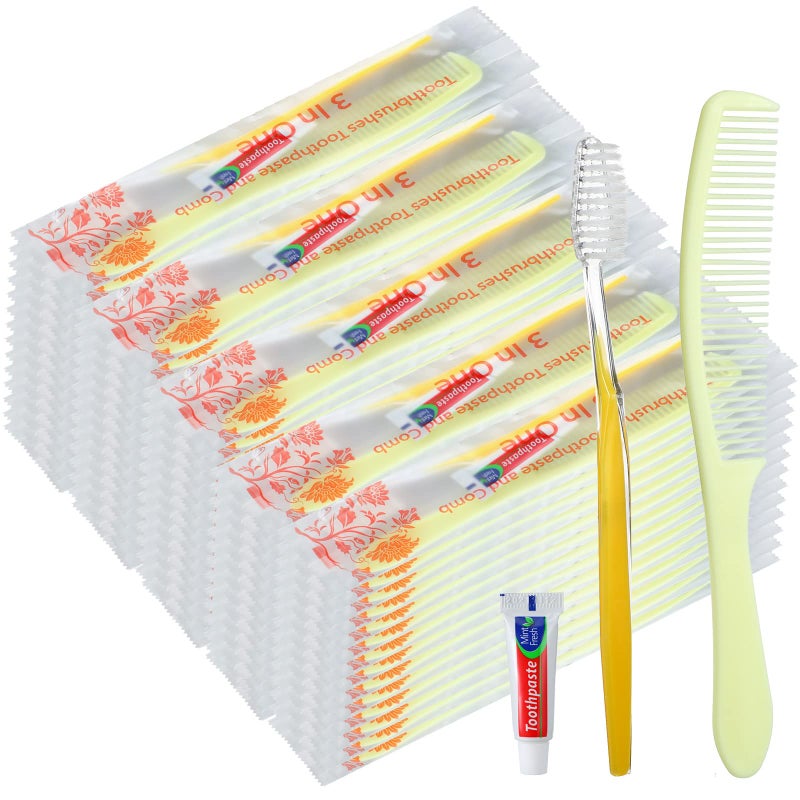 meekoo 200 Set Disposable Toothbrushes with Toothpaste and Comb Individually Wrapped Bulk Disposable Travel Toothbrush Kit Homeless Hygiene Kit Bulk for Travel Hotel Home CharityGold Classic